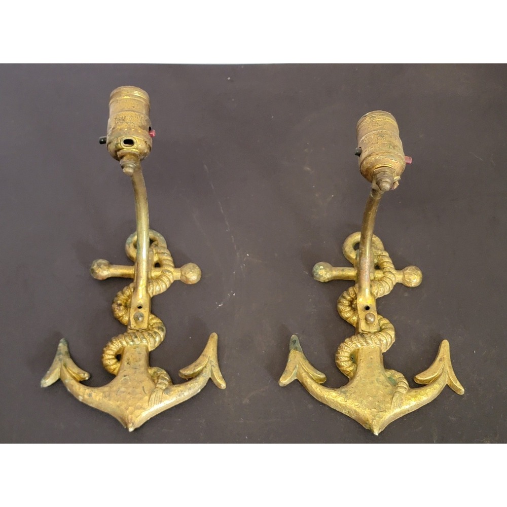 Vintage Brass Anchor Wall Sconce Lamp Light Fixture Set Nautical 1960s Maritime